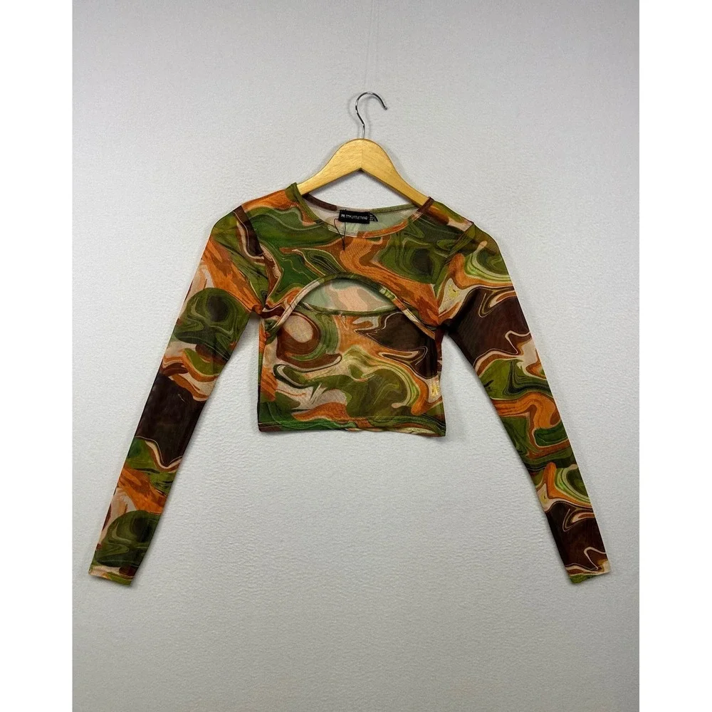 PrettyLittleThing Marble Mesh Cutout Festival Womens 4 Green Orange Crop Top